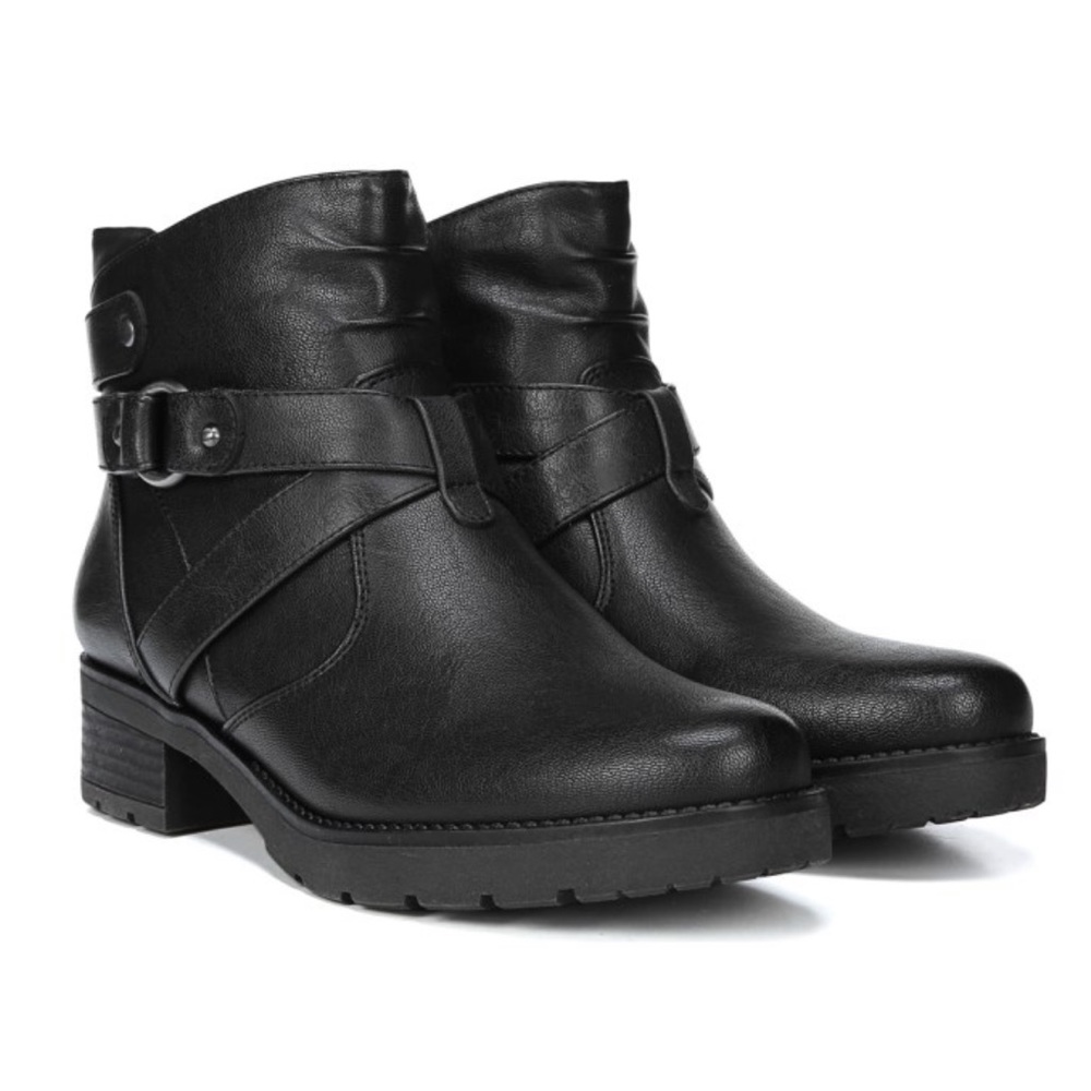 Black Chic Lug Sole Harness Detail Tall Ankle Boot - Picture 8 of 8